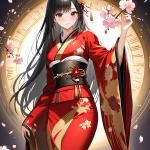 赤い振袖を着た黒髪女性の華やかなAIイラスト