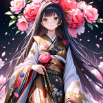 振袖を着た少女「五ツ葉」を描いたAIイラスト。花柄の豪華なFurisodeと長い袖が特徴の和装イラスト