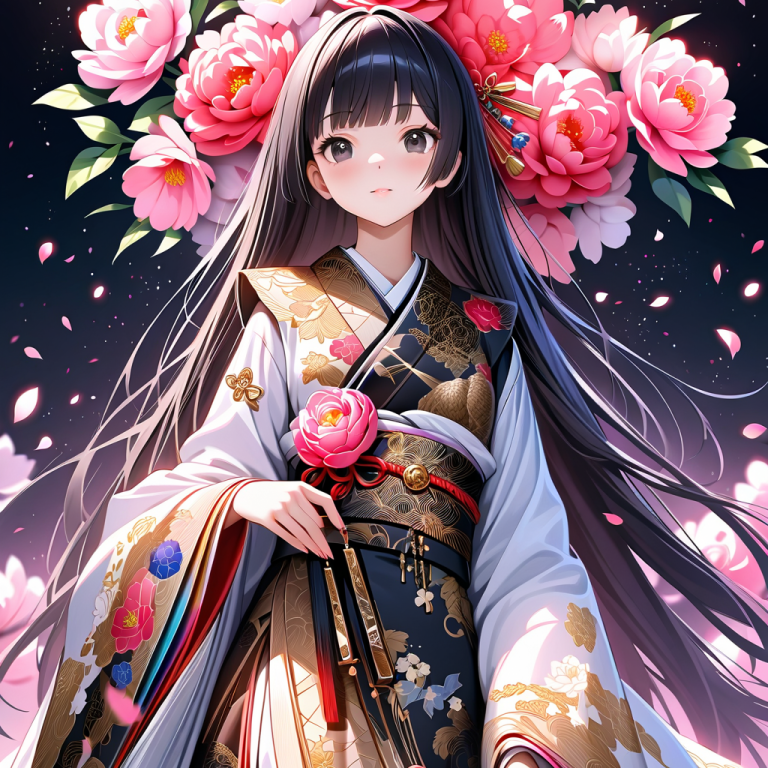 振袖を着た少女「五ツ葉」を描いたAIイラスト。花柄の豪華なFurisodeと長い袖が特徴の和装イラスト