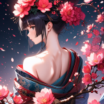 梅の花が咲き誇る早春を告げる花魁和装美人の幻想的なAIイラスト