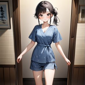 甚平を着た可愛い日本の女の子のAIイラスト。和服の黒髪少女。