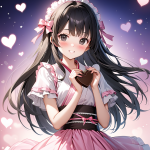 バレンタインをテーマにした和ロリ衣装の女の子が、ハート型のチョコレートを両手で持って微笑んでいるAIイラスト