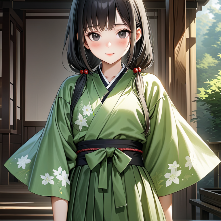 緑の袴を着た日本の少女の和風AIイラスト。白い花柄入り着物で和室に立つ全身構図。