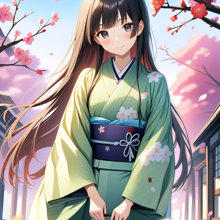 春の青空の下で歩く袷着物の女性AIイラスト