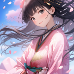 桜の花びらが舞う中、ピンクの振袖を着た女性のAIイラスト。和装の髪飾りと春らしい背景が特徴。