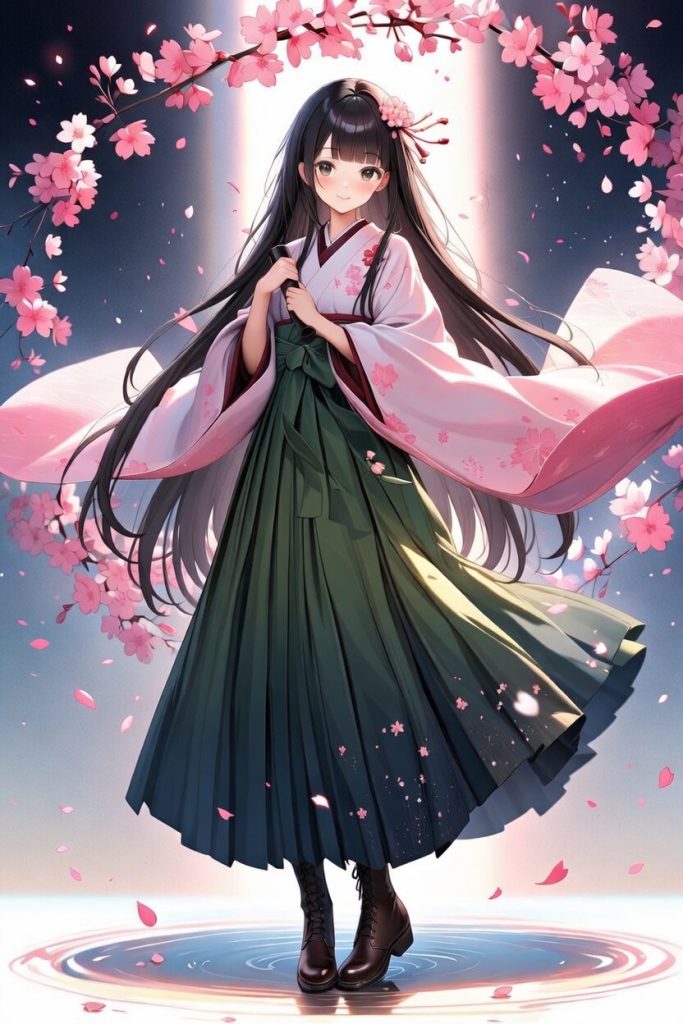 桜の花びらが舞う中で袴を着た女の子の卒業イメージAIイラスト