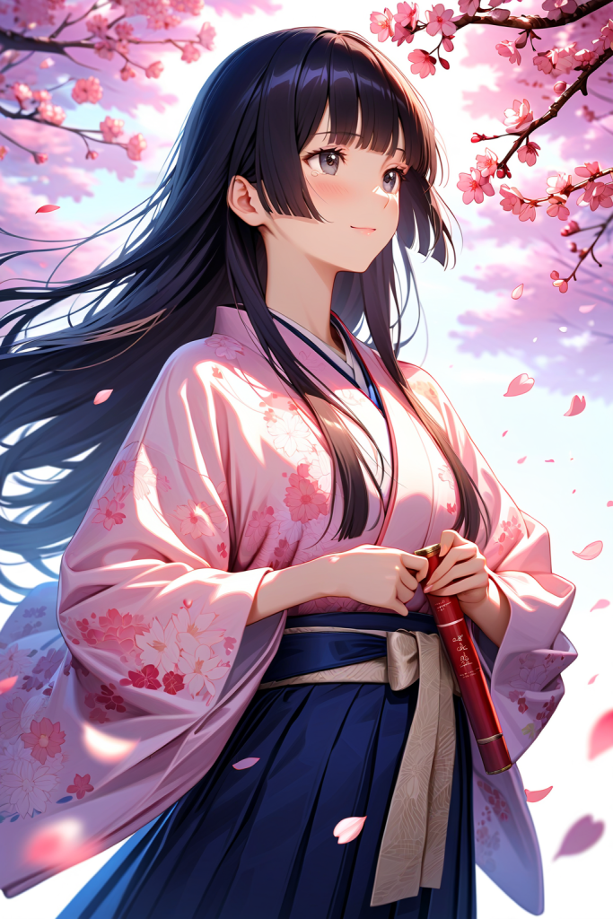 卒業袴の和装イラスト 桜並木の下で賞状筒を持つ袴姿の女性