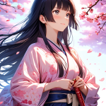 卒業袴の和装イラスト 桜並木の下で賞状筒を持つ袴姿の女性