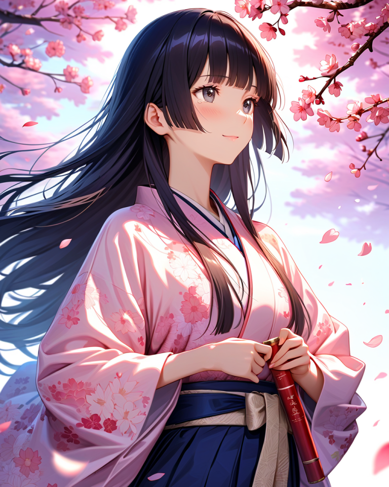 卒業袴の和装イラスト 桜並木の下で賞状筒を持つ袴姿の女性