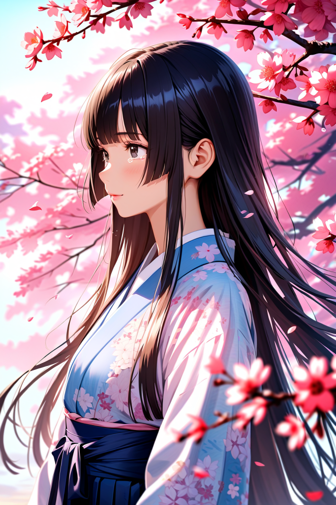 卒業式の袴姿の少女の横顔イラスト。桜が舞う春の空の下、少し涙を浮かべた儚げな表情の和装少女