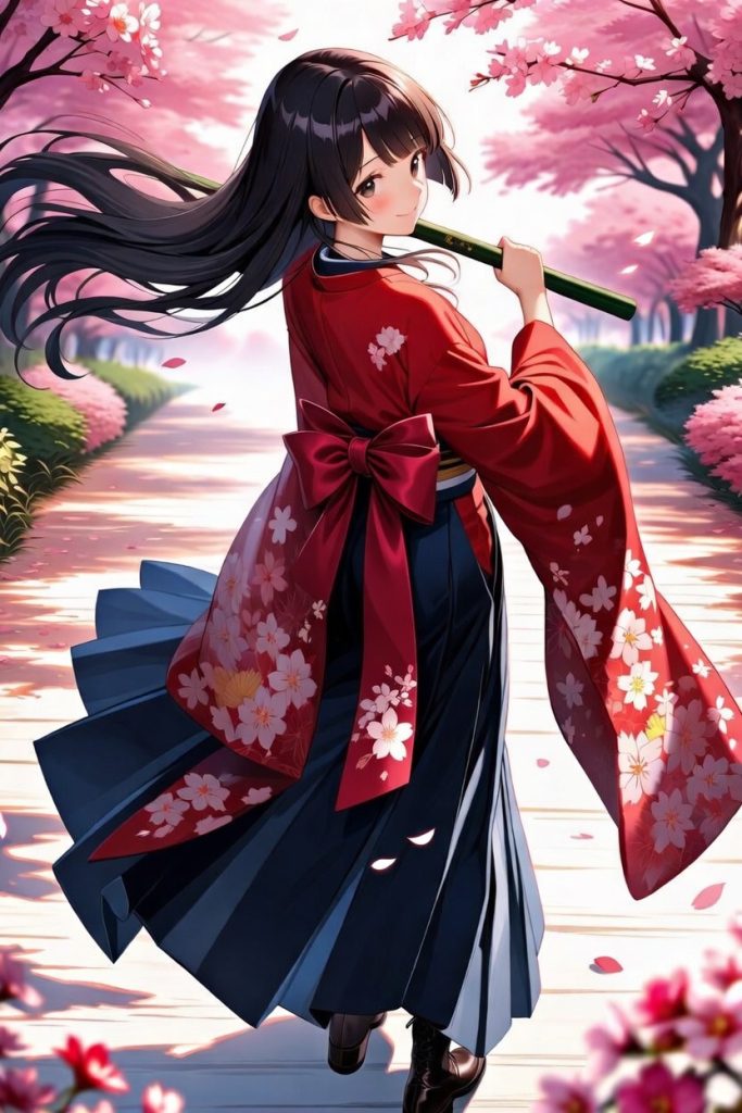 卒業式の袴姿の女の子が桜並木で振り向くイラスト 春の桜と赤い振袖に紺色袴 編み上げブーツの和装