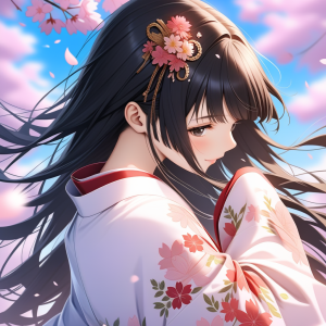 白地に春の花柄をあしらった着物を着る女性の和風イラスト画像