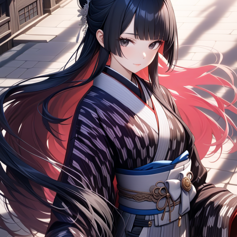 矢絣柄の着物と袴を着た黒髪の女性、赤い差し色と風になびく髪が印象的な和風AIイラスト