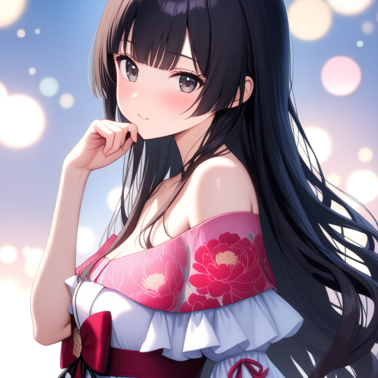 牡丹柄オフショルダードレスの和装ロリータイラスト、黒髪ロングの少女のバストアップ、やわらかな光表現