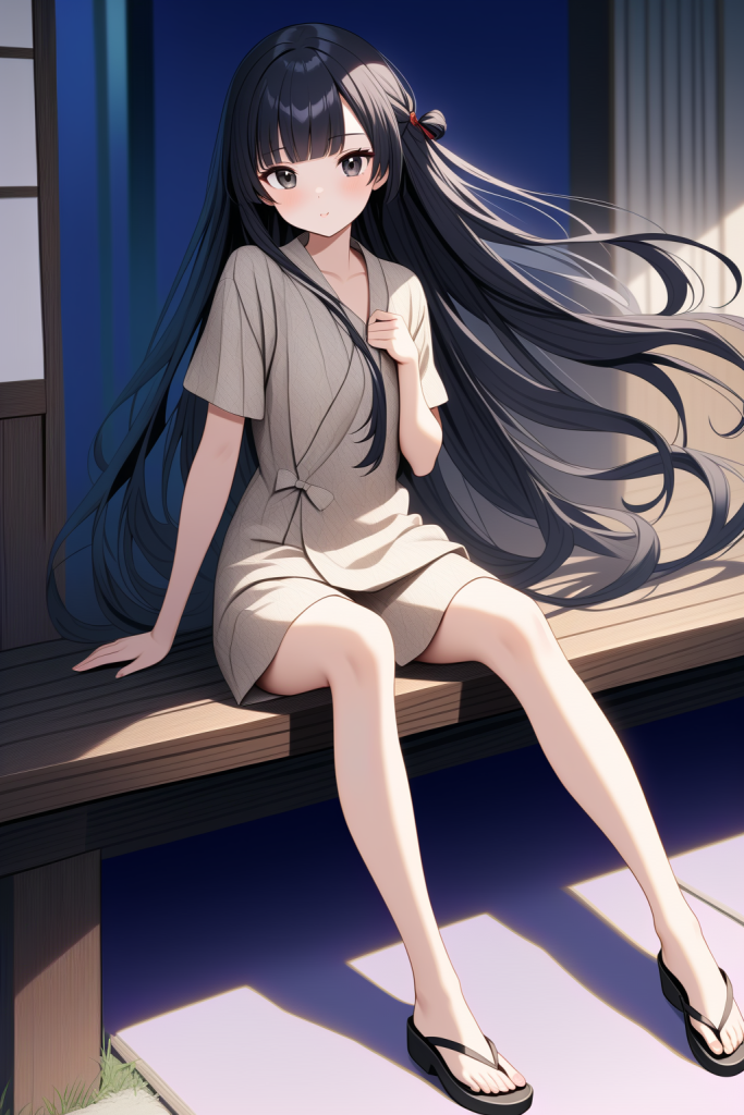 絣柄の甚平を着た女性が縁側に座るイラスト、上下セパレートの構造と膝丈パンツがわかる和風の夏シーン