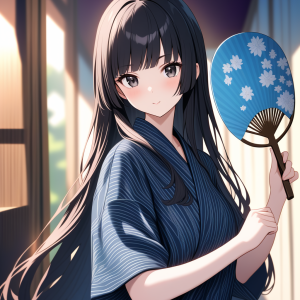 絣柄の甚平を着た女性が和室でうちわを持つイラスト、短袖とゆったりしたシルエットが特徴の夏の和装スタイル