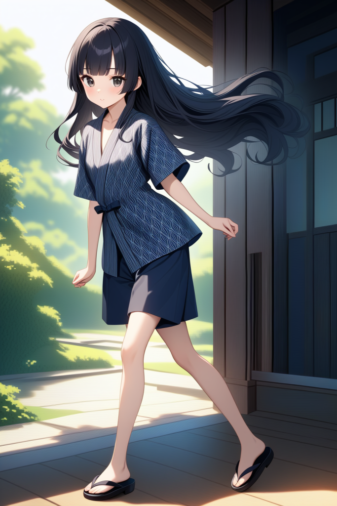 絣柄の甚平を着た女性が屋外へ歩き出すイラスト、風で揺れる軽やかな生地と夏らしい和装の動きが印象的