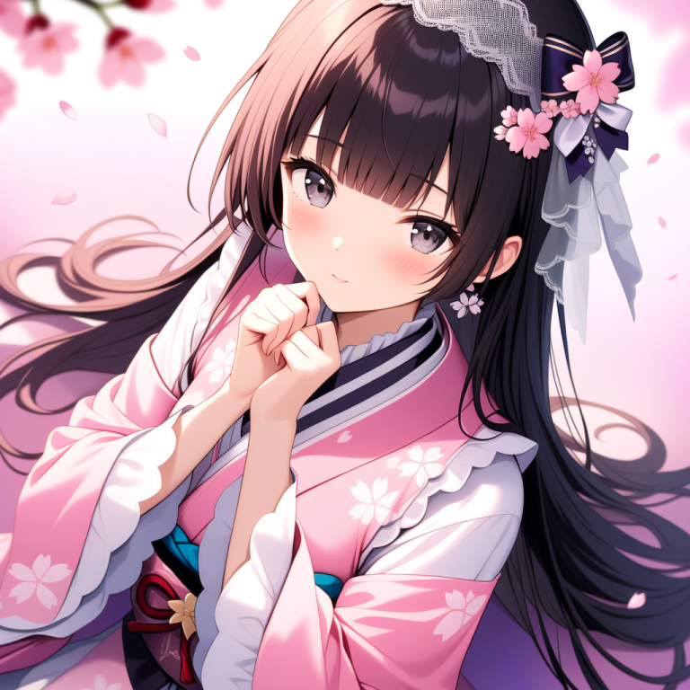 桜柄の和ロリ着物を着た少女の春イラスト。ピンクの着物と桜の髪飾りが可憐な和ロリファッションを表現している。