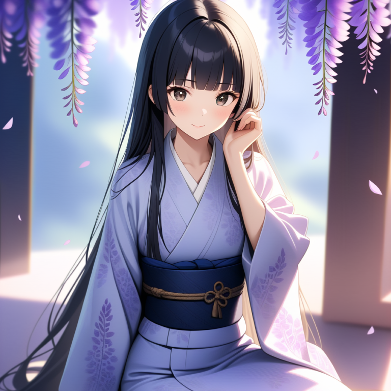 藤の花と薄紫の訪問着を組み合わせた女性のAI着物イラスト
