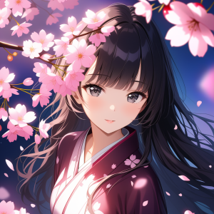 夜桜に囲まれた振袖の女性、桜の花びらが舞う幻想的な和装イラスト